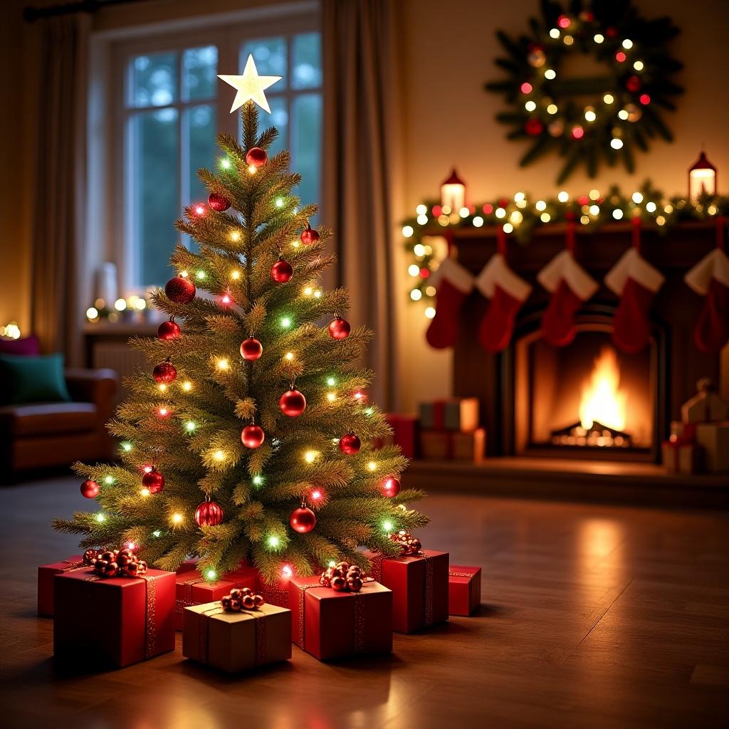 Cozy interior of a home decorated for Christmas. A beautifully lit Christmas tree stands in the corner with gifts underneath. A fireplace with stockings and holiday wreath is in the background.