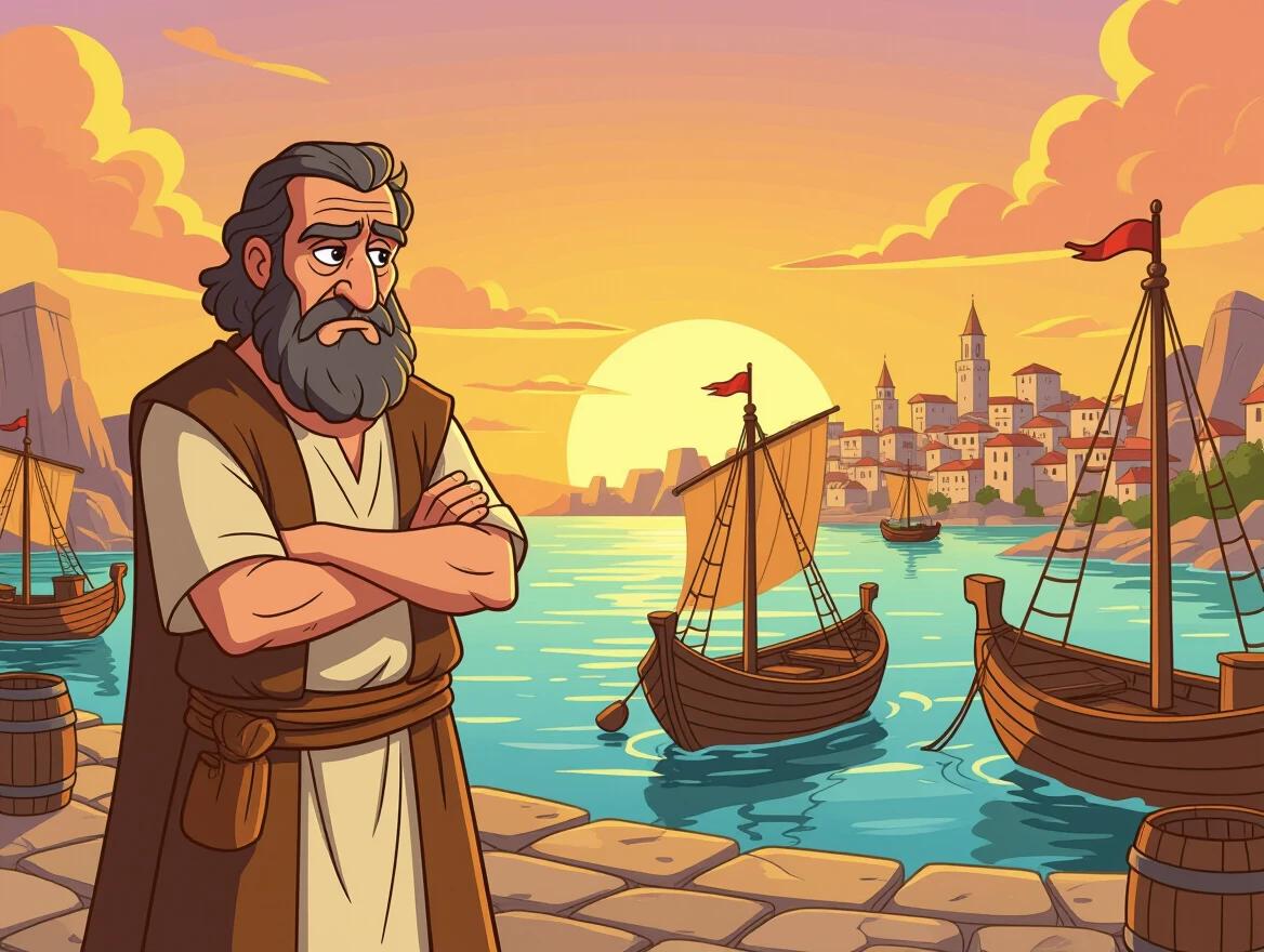 A grumpy man in ancient clothes with a beard and crossed arms. He looks annoyed by his surroundings. He stands near an ancient harbor with wooden boats. Instead of the distant city, he heads toward a boat going the opposite way. The warm sunset sky has dark clouds suggesting an approaching storm. The art style is cartoon-like and child-friendly with vivid colors and smooth outlines.