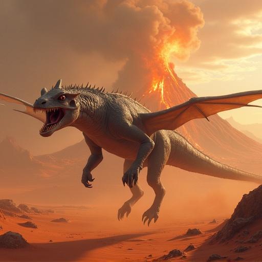 A massive galactic creature with dragon-like features flies over reddish sands. The creature has grey skin and reddish eyes. It flees from an active volcano spewing lava in a desert valley.