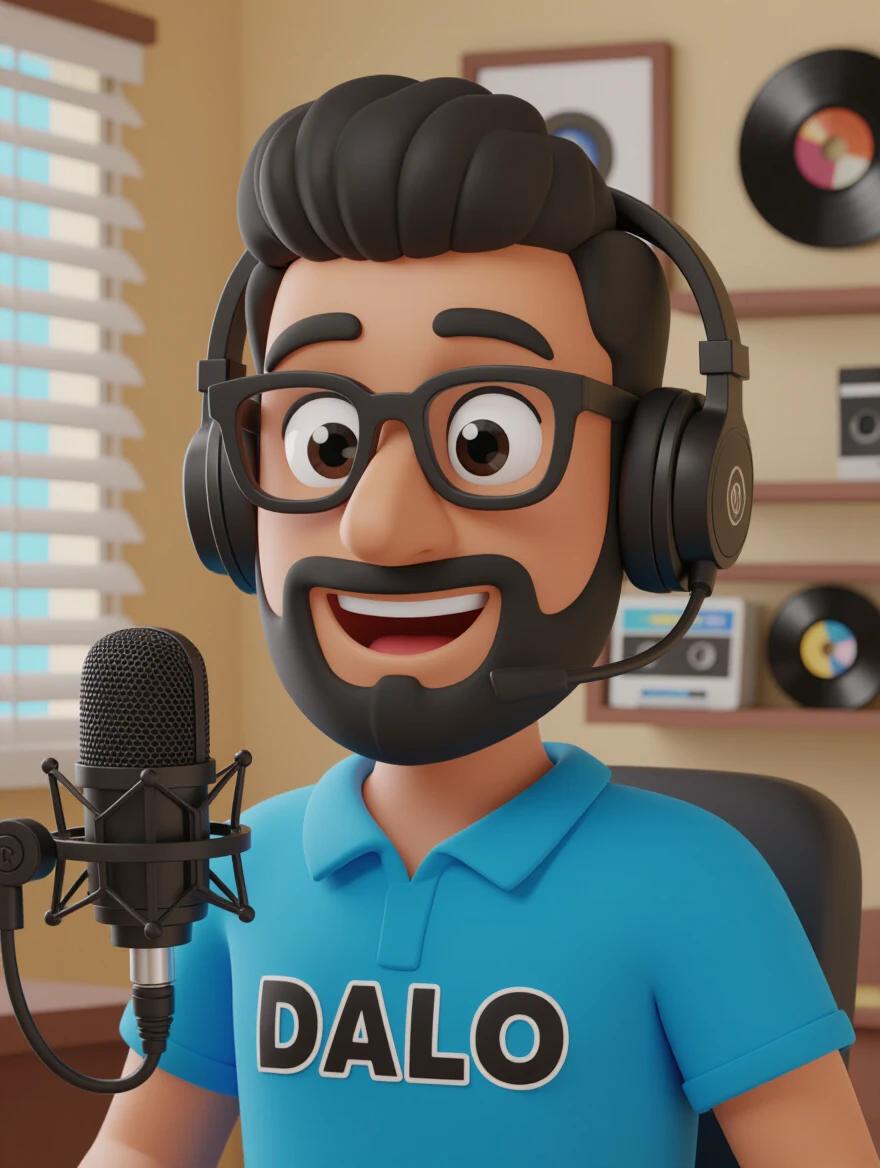 Character sits at a recording desk. Black short hair styled with a small pompadour. Wears glasses. Blue shirt with DALO text. Decorated radio studio background with vinyl records and audio equipment. Digital illustration in Pixar style.