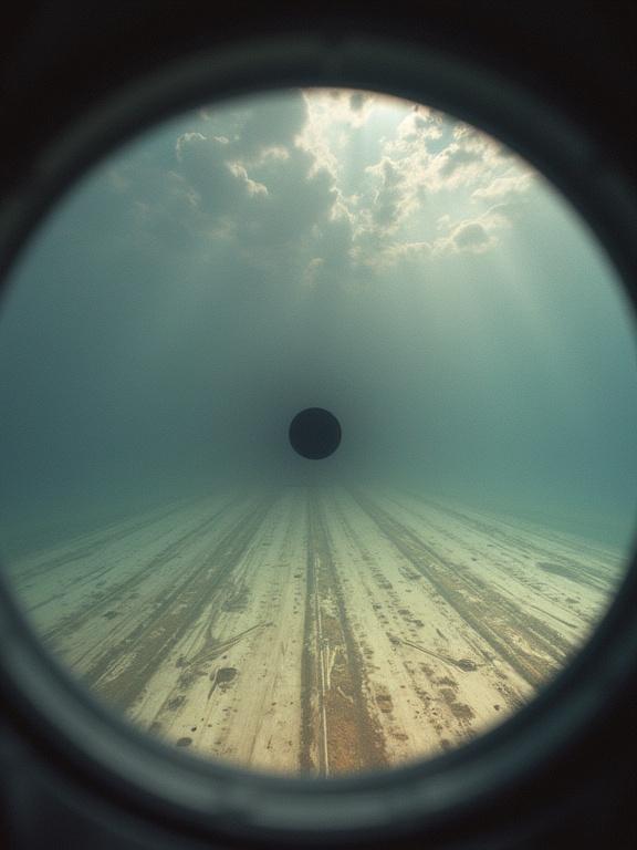 Image showing a viewpoint resembling two blind spots in vision. Dark circular areas framed by soft light. Aquatic environment with a sandy floor. Misty surface above.