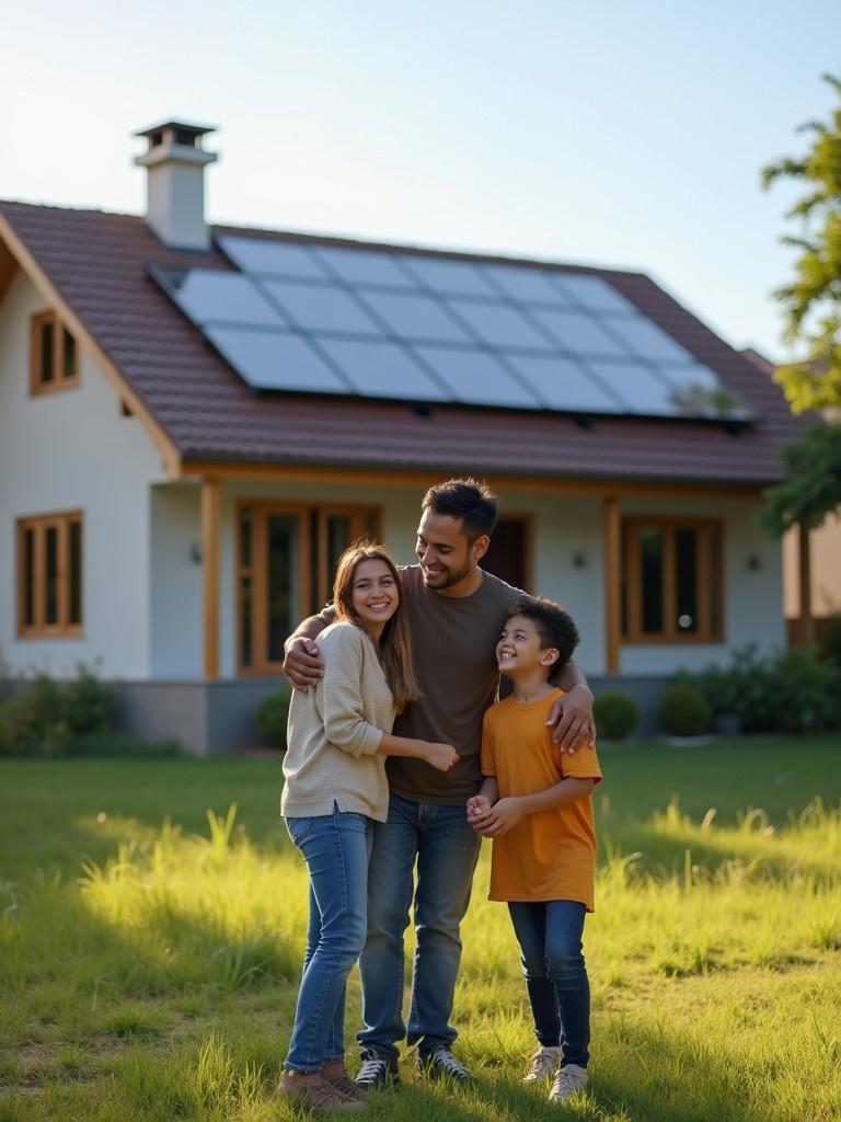 A happy family stands in front of a solar-powered house. They smile at a zero electric bill. The scene is bright and cheerful. The house has a sloped roof with solar panels. The family appears joyful and content. The setting is a green lawn during daylight.