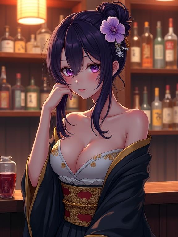 Anime style character with dark violet hair styled upwards. Adorned with a violet flower and gold hairpins. Soft light violet eyes. Gentle melancholic expression. Wearing a black and gold kimono over a white inner garment. Seated at dark bar counter in Sakai, Osaka, Japan. Warm wooden shelves stocked with liquor bottles in background. Soft lighting from traditional paper lanterns.