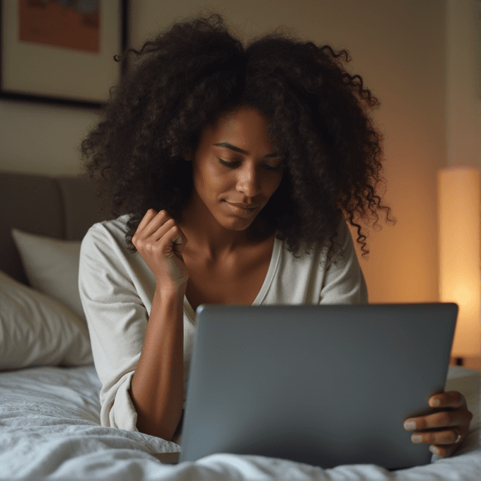 A woman with curly hair is focused on using a laptop while sitting on a bed in a softly lit room.