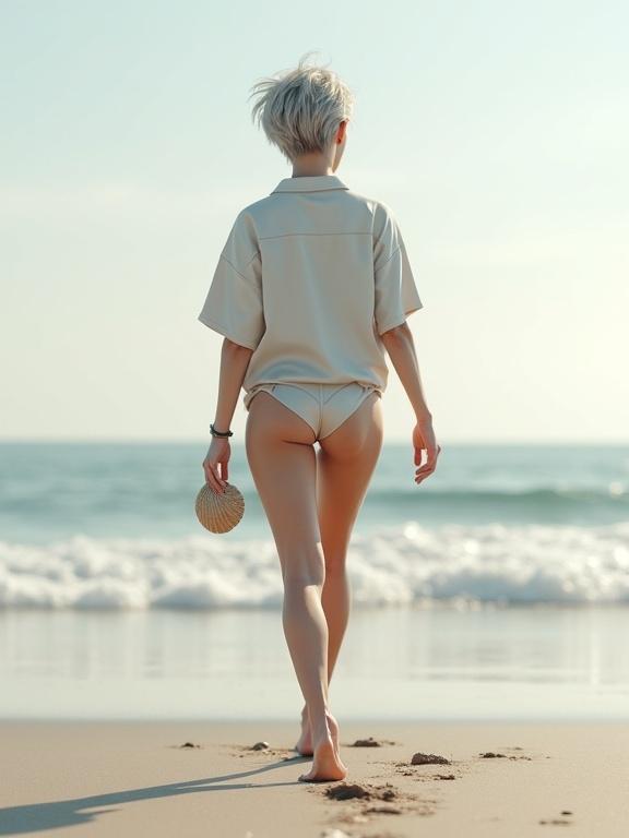 Elegant female figure with short hair walks barefoot on the beach. Oversized shirt billows, revealing a thong. Shell is picked up while moving. Low angle captures her form against the horizon.