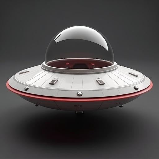 A simple 3D model of a UFO with a diabolic design. The UFO is round, has a domed top, and features various buttons and a sleek appearance.