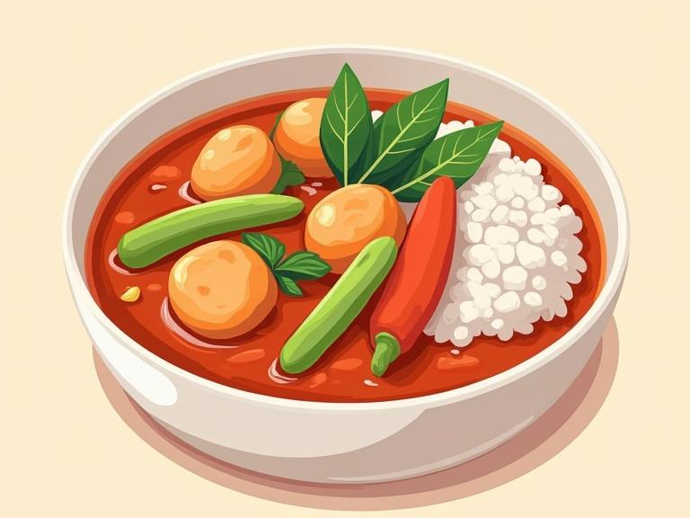 Illustration of Thai red curry with eggs vegetables coconut milk jasmine rice. Flat cartoon style with geometric shapes soft edges. Solid light background and good contrast.