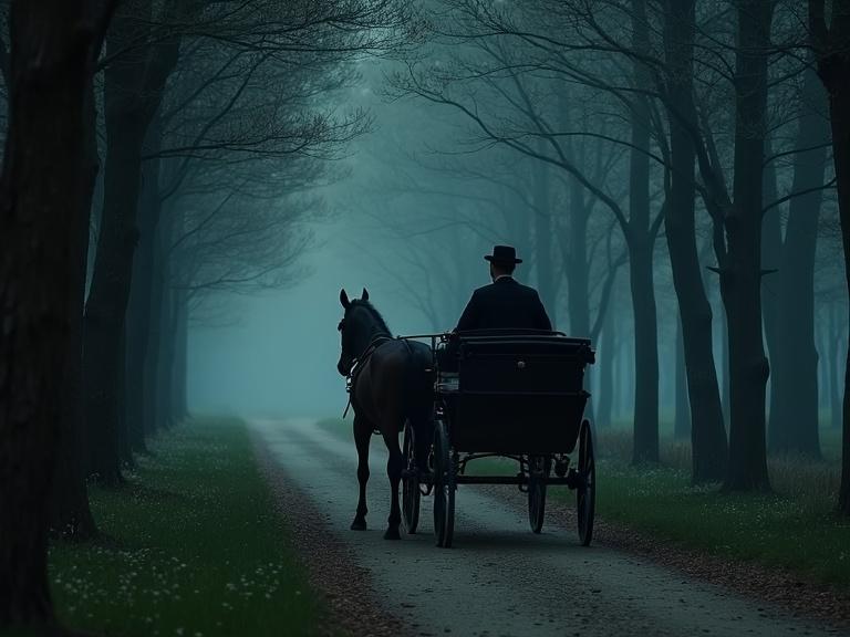 A foggy forest at night with a horse-drawn carriage. A coachman drives the carriage. A judge sits inside, holding a cane and with a neser on his knees. Dark trees line the lane.
