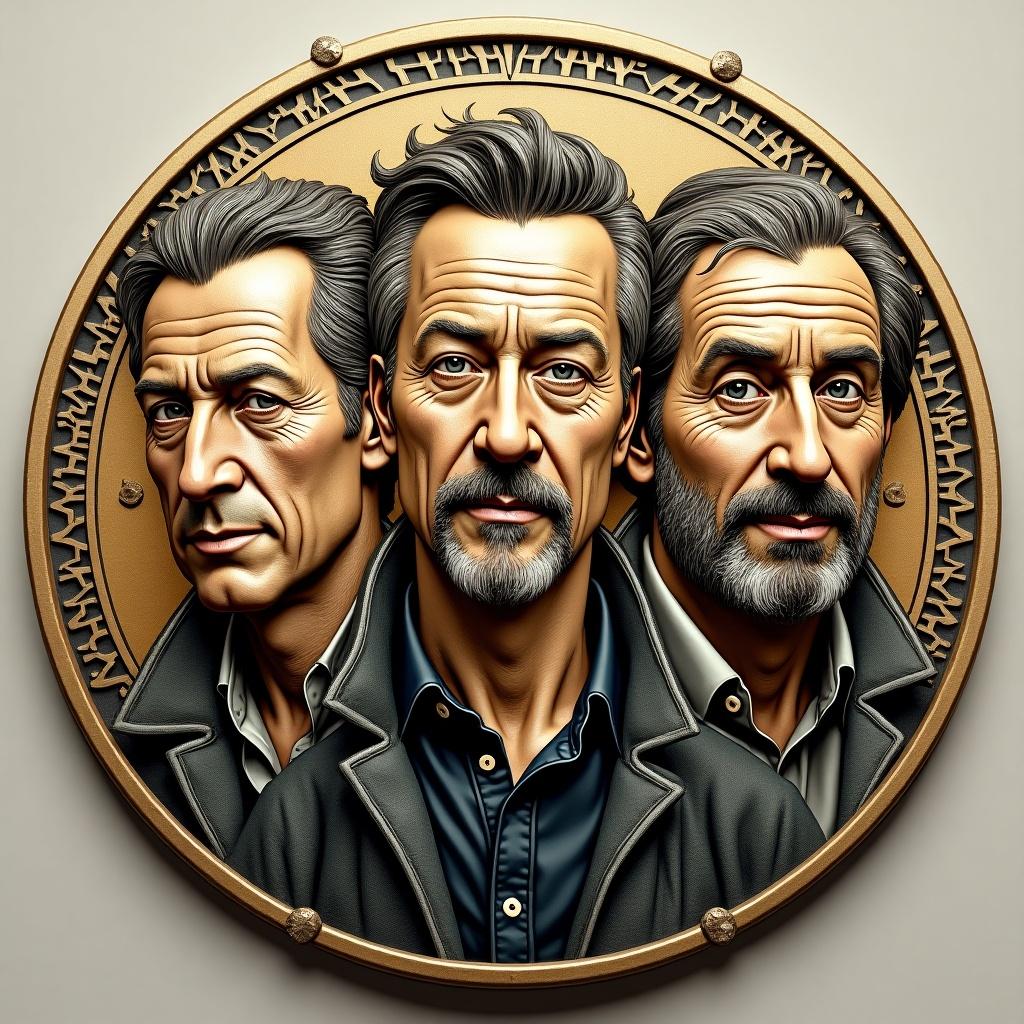 Create a coin featuring three men's portraits in a stylized manner. The design should be intricate and artistic with a gold and silver color scheme.