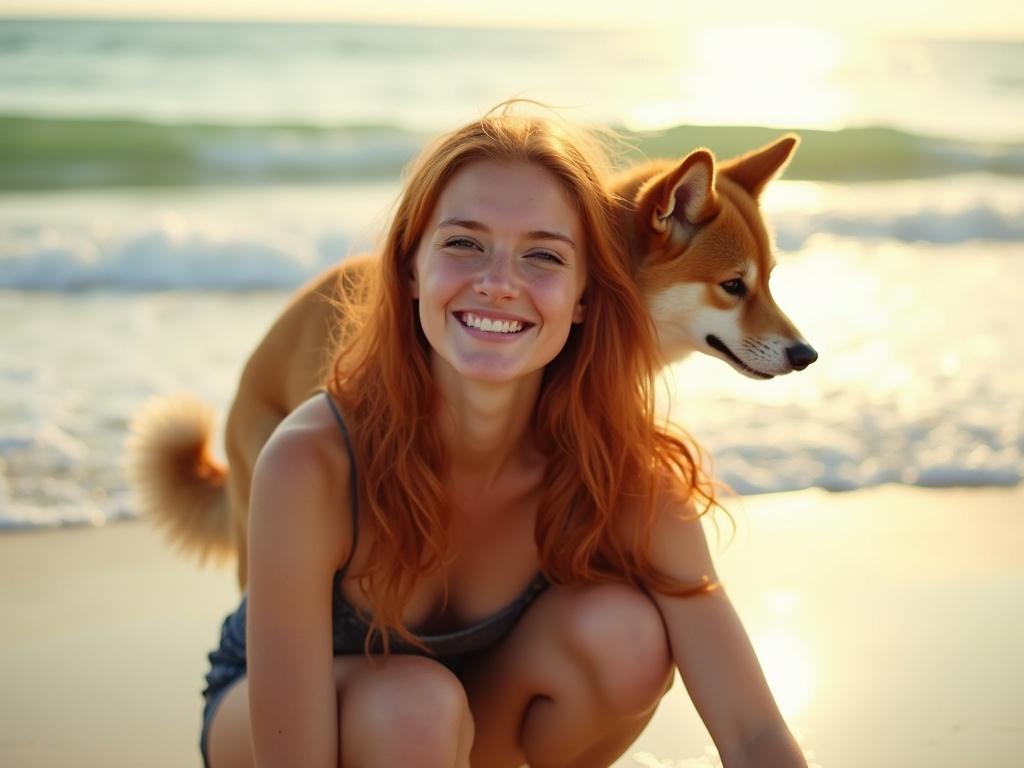 The image features a person with long, wavy red hair and fair skin, positioned in a crouched pose on a beach with soft waves in the background. A brown dog, likely a Shiba Inu, sits atop the person's back and is playfully leaning against them. The composition highlights the warm sunlight reflecting off the water, creating a vibrant, serene atmosphere, with the focus on the bond between the person and the dog.