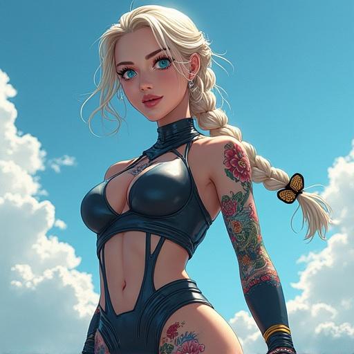 Anime style character depicted as a 45-year-old woman with striking features and a unique look. Frosted blue eyes, oversized light blonde braid, wearing a printed ninja bodysuit, exhibiting a stealthy and powerful stance. She has modern piercings and colorful tattoos. The scene captures her in mid-air, showcasing her muscular physique and engaging in ninjutsu while holding a shuriken.