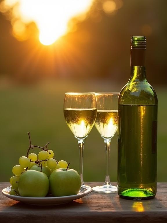 Two glasses clinking with a green bottle of wine. Small plate of green grapes and green apples in the foreground. Soft warm lighting at sunset.