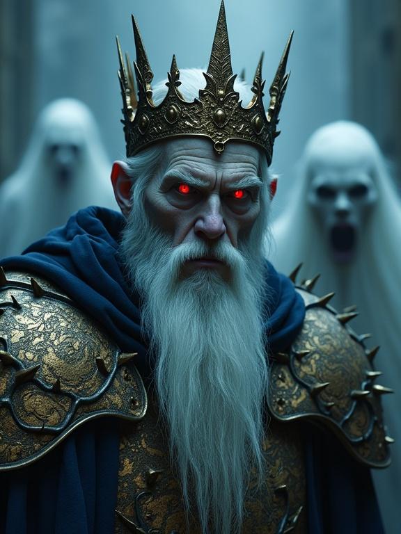 A menacing portrait of an ancient king. Pale skin with glowing red eyes. Long white beard. Ornate spiky golden crown. Dark blue cloak with thorn-like armor. Ghostly figures in the background. Dark blue-grey color palette.