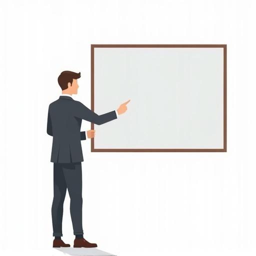 Illustration of a man standing and pointing at a board. White background with no extra icons. Flat design style.