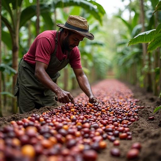 A person sorting cacao fruits on a plantation in Choroní. Rows of cacao trees in the background created a lush, tropical setting. Ground view highlights the activity of harvesting cacao.