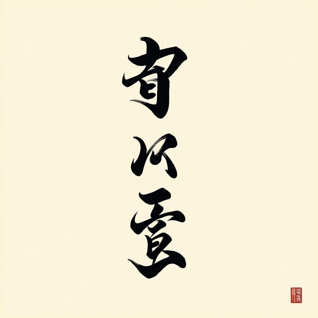 Traditional Japanese calligraphy showcasing key virtues. Characters written in one stroke with fluidity. Black ink contrasts with beige background. Represents cultural values. Vertical alignment adds significance. Conveys harmony and balance.