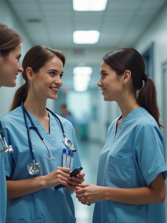 Three very beautiful nurses in scrubs engage in conversation in a hospital corridor. They are smiling and appear friendly while one nurse holds a smartphone. The background shows a typical hospital corridor with bright lighting and neutral colors.