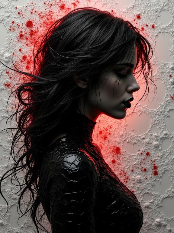A young gothic woman captured in profile silhouette against an abstract background. Dark red splashes contrast with a primarily black and white color scheme. Emphasizes film noir aesthetics and evokes mystery and intrigue.