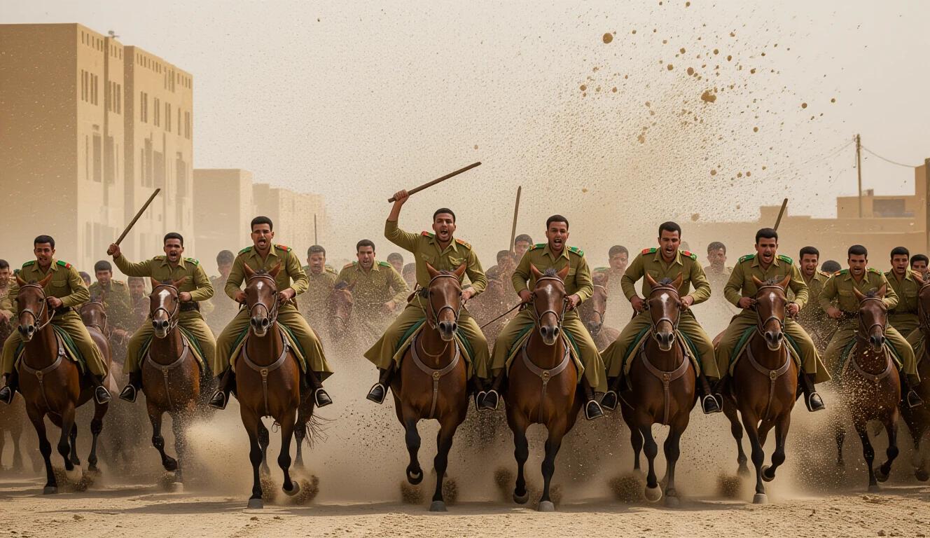 Egyptian soldiers on horseback charge forward in a chaotic scene. Dust kicks up all around as they display a mix of determination and fear during a retreat. Horses rear up, amplifying the sense of urgency. The scene captures the intensity and energy of the moment, emphasizing their strong military presence in a dust-laden environment.