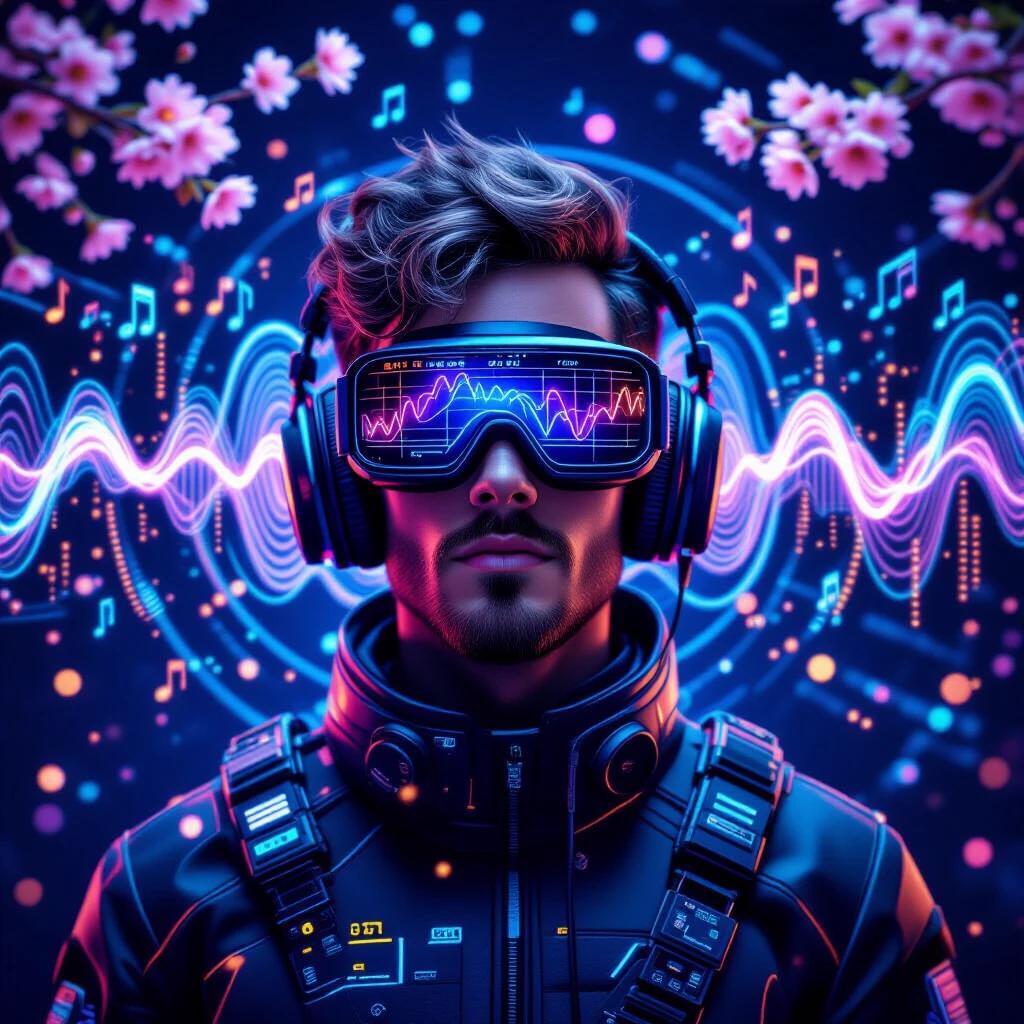 A hyperrealistic digital art portrait of a music producer. The producer wears goggles visualizing sound waves and musical frequencies. The goggles display waveforms and musical notes in 3D space. Sound waves ripple outward creating circle patterns while musical staffs curve through the air. Sonic cherry blossoms pulse with rhythm. Audio equipment interfaces and mixing board holograms create overlays. Sparkling sound particles fill the background in blues, purples, and gold. The producer wears a high-tech audio suit. Dynamic lighting pulses with musical beats. The rendering showcases audio-visual effects.