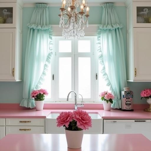 White and light pink kitchen with light aqua accents. Bright light creates a cheerful atmosphere. Light pink countertops and cabinets. Crystal chandelier illuminates space. Pink roses in flowerpots beside sink. Pink appliances complement the decor. Light aqua ruffle curtains frame the windows.
