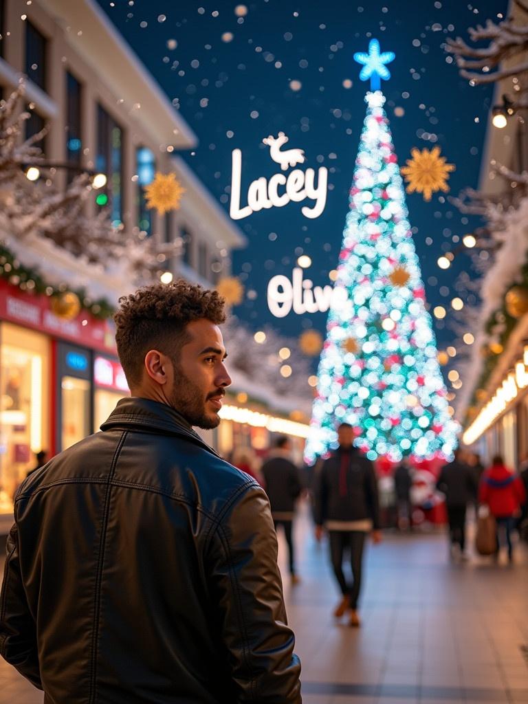 A bustling shopping mall decorated for Christmas. A tall illuminated Christmas tree stands prominently. The area is lively with shoppers and festive ornaments. A tall man walks towards the camera from the tree looking left and smiling. He has short curly brown hair and wears a black leather jacket. Christmas theme featuring Santa Claus with reindeer, Name Lacey in glowing letters against a night sky, Colorful festive atmosphere olivia, Snowy background.