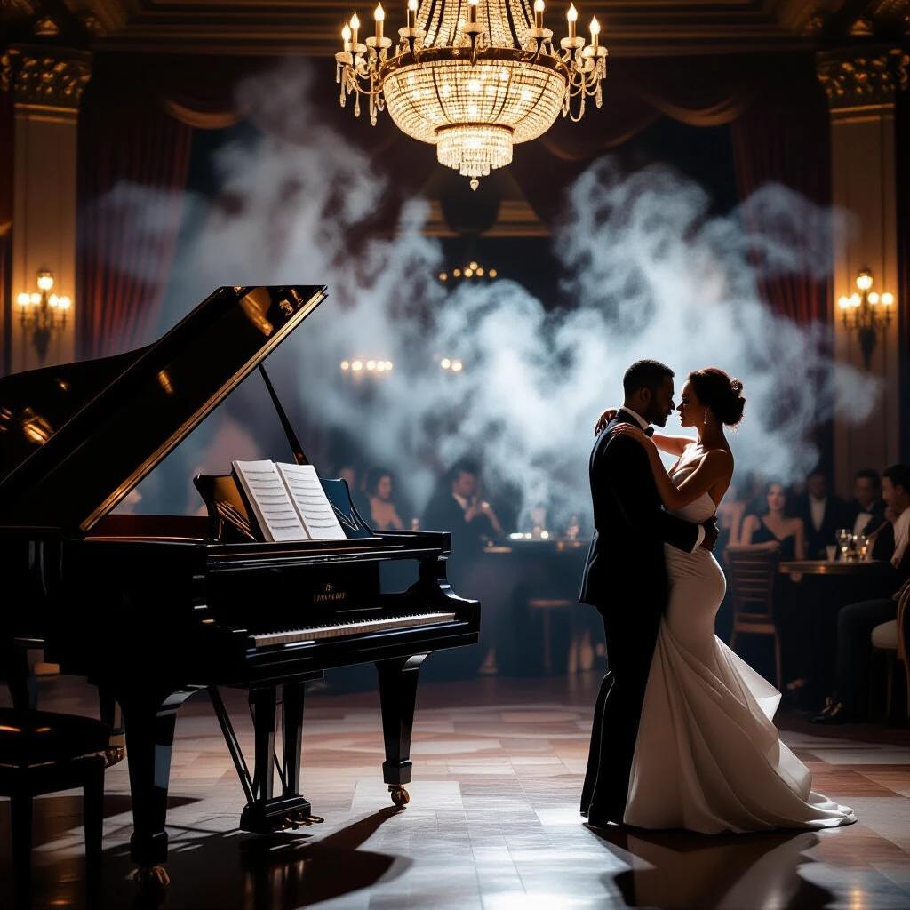 A couple slow dances while a black pianist plays a jazz solo. Smoke curls around them. Art deco aesthetic is apparent with dim chandelier lighting. The scene feels romantic and moody. The atmosphere is realistic.
