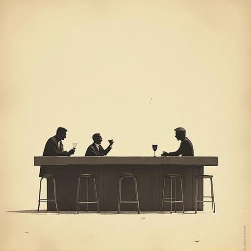 Minimalist tiny humans in a bar setting surrounded by vast negative space. Focus on elegant composition with oversized objects and a clean background. The art features subtle grain texture in a surreal conceptual style.
