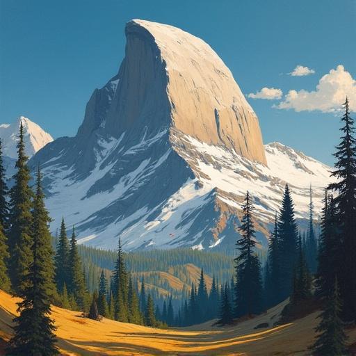 Painting of Half Dome inspired by Tullio Crali. Reflects Italian Futurism style. Dominant mountain landscape. Bright colors. Clear atmosphere. Focus on natural beauty.