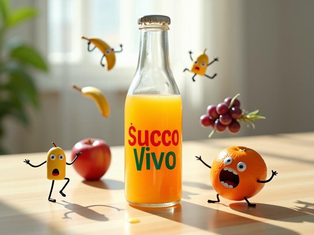 This playful image features a bottle of orange juice labeled 'Succo Vivo' surrounded by animated fruits with expressive faces. A shocked orange and a surprised banana are prominent, while a nervous apple and animated grapes add to the scene. The image creatively blends real and cartoon elements to evoke a sense of fun and imagination.