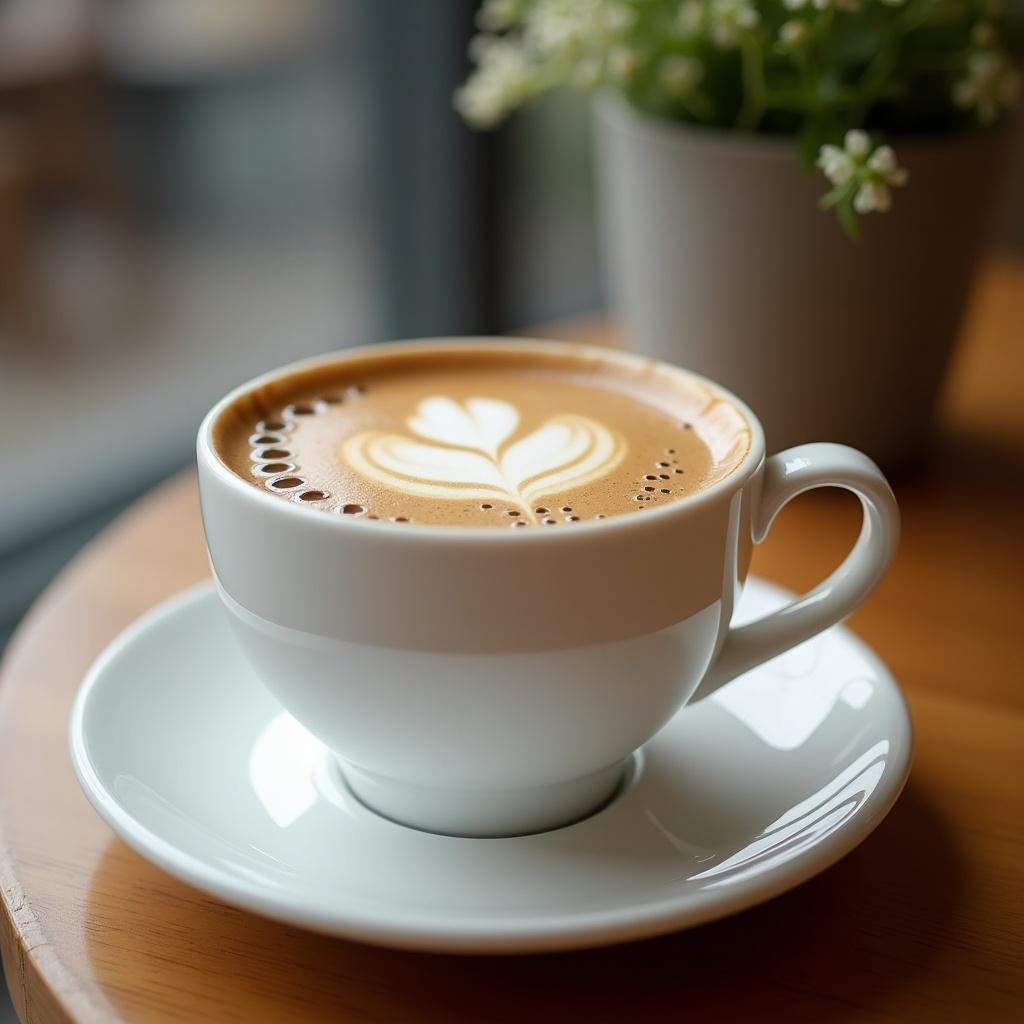 Cup of coffee with latte art in a white cup with saucer. Soft light illuminating the scene. Green plant in background.