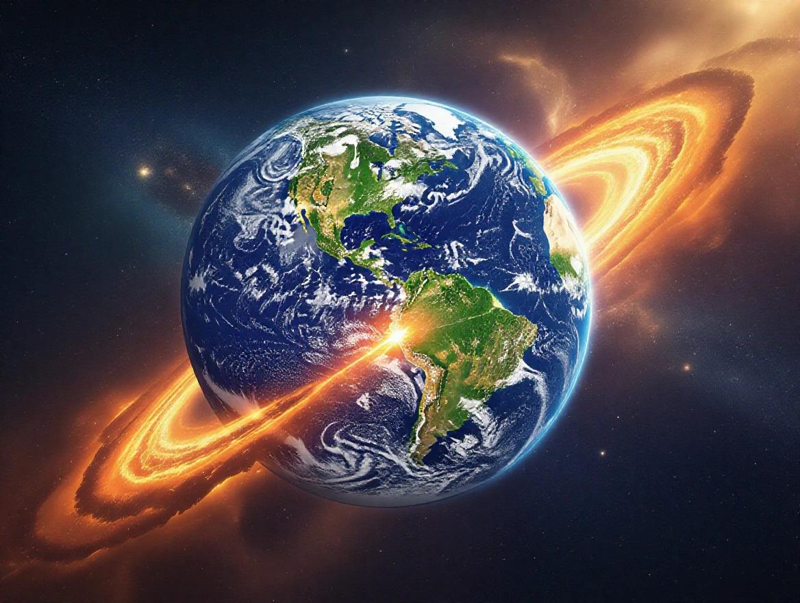 Realistic image of Earth flying through space like a comet. Earth appears with a large fiery tail like a comet in a cosmic setting. Dimension is 1600 by 900 pixels.