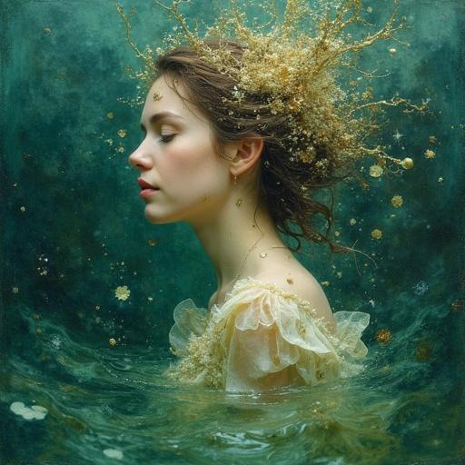 A dreamlike fantasy portrait featuring a woman in water. The portrait exhibits deep green, silver, gold, and blue tones. It has textured impasto effects, whimsical elements, and resembles an oil painting. Volumetric lighting enhances the mystical atmosphere.