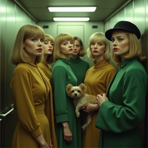 Group of women wearing 1960s-1970s retro-futuristic fashion in an elevator. High-neck dresses and long coats in muted green tones. Some women have black berets. One woman holds a small dog. All have short blonde bob haircuts with bangs. Soft lighting and detailed composition reflect vintage sci-fi aesthetic.