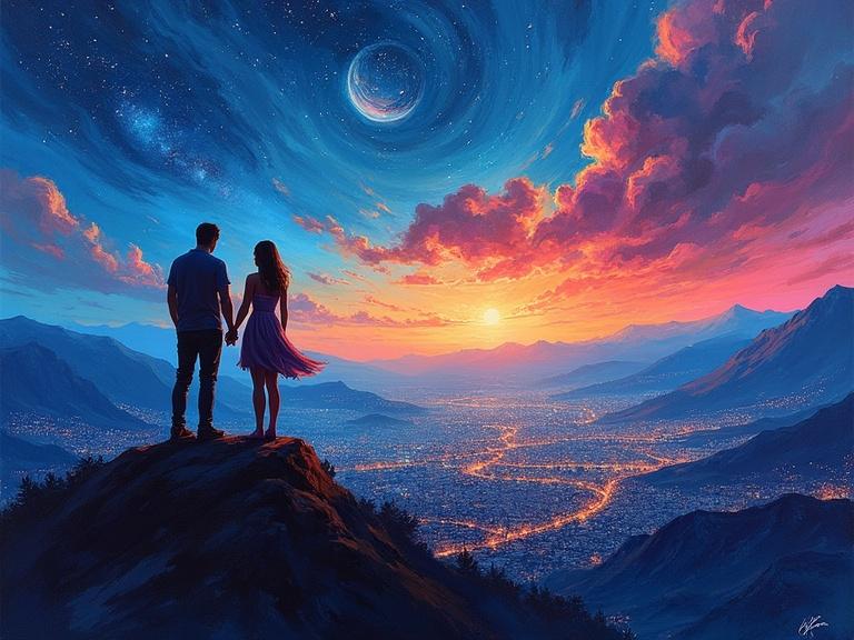 An abstract painting depicts a couple holding hands atop a mountain. The scene shows a glowing cityscape at night under a starry sky. The couple's silhouettes emphasize the vivid colors swirling around them, creating an emotional atmosphere.