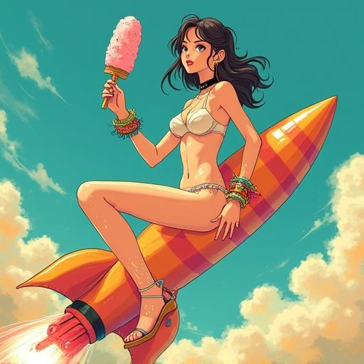 A woman in her twenties riding a rocket. She holds an ice cream in one hand. She wears a black choker and colorful bracelets. The rocket is striped and eye-catching. Her makeup is bright, and she has long earrings.