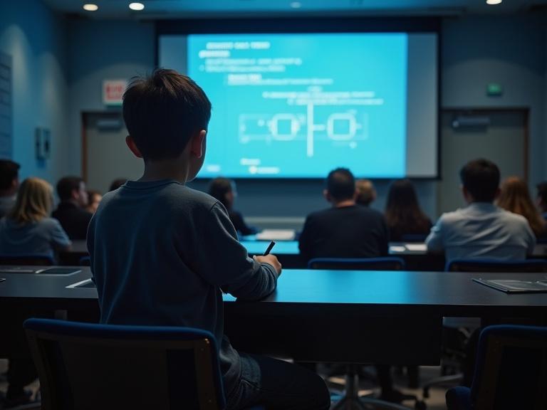 University lecture hall features a small boy writing advanced formulas on a glowing digital screen while amazed students and teachers observe. The spotlight focuses on the boy.