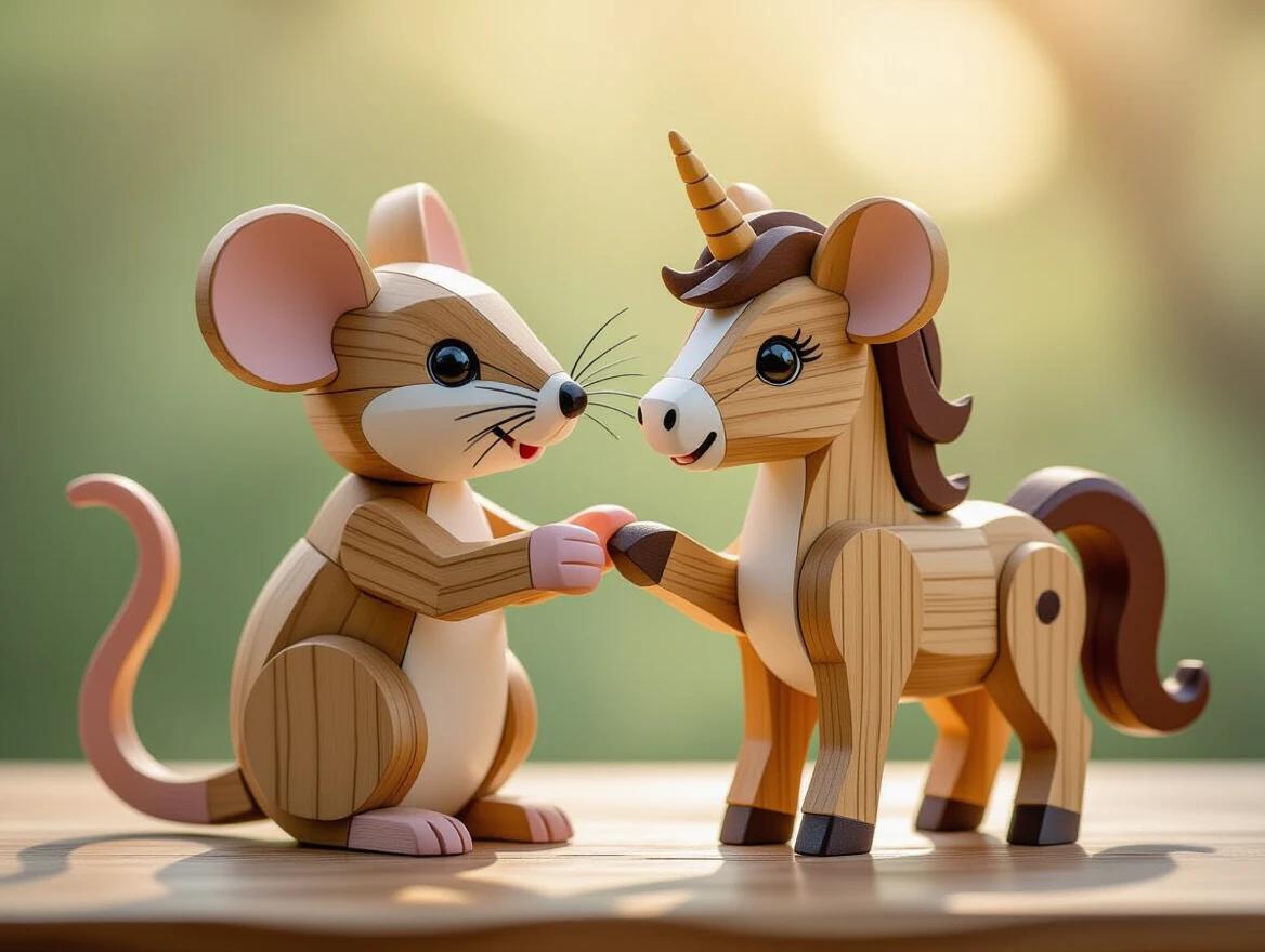 A cute whimsical mouse and pony made of interlocking wooden blocks. Both figures feature intricate woodgrain. The scene has soft lighting and detailed composition. The mouse and pony reach out to each other in a friendly manner.