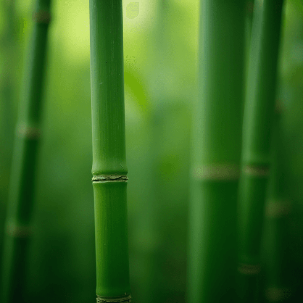 A close-up view of lush green bamboo stalks, showcasing their smooth texture and natural vertical alignment against a softly blurred background.