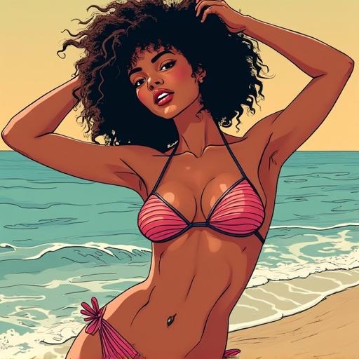 Image features a character in a bikini at the beach. The artwork displays a sunny day with waves and sand. The style includes hard manga lines and Floyd–Steinberg dithering technique.