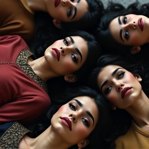 Numerous women and young teenage girls lying on the floor together. All have dark brown eyes, black hair, dark skin, full lips, thick eyebrows. Eyes wide open, mouths shut, eyebrows furrowed in a look of determination.