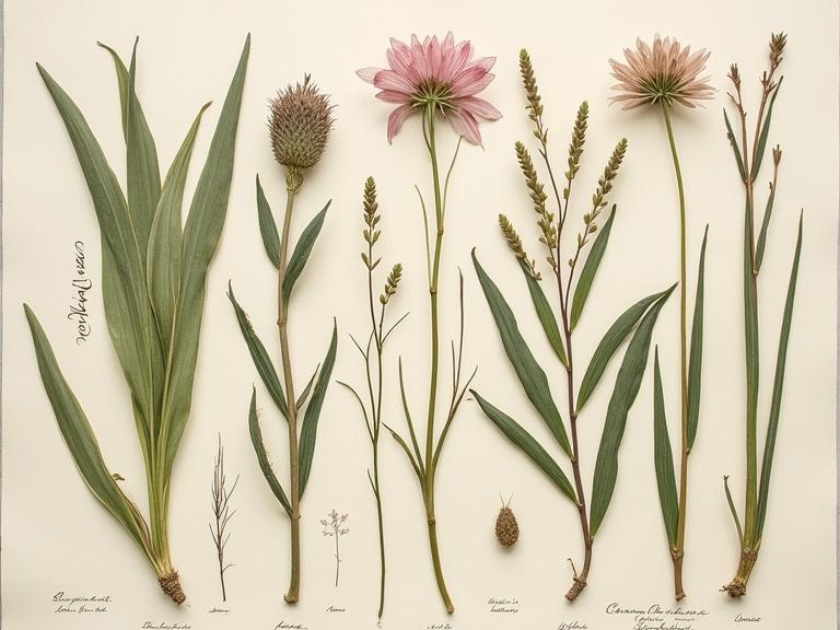 Acrylic still life in the style of a vintage botanical plate. Pressed herbs and wildflowers on parchment-like background. Muted greens, soft creams, and dusty pinks. Detailed labels in handwritten font. Mood is quiet and nostalgic.