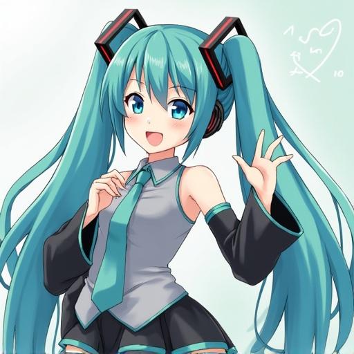 A character design of a girl with teal hair. She wears a headset, a grey outfit, and has a cheerful expression. Her long hair is styled with bangs. She poses with one hand uplifted.