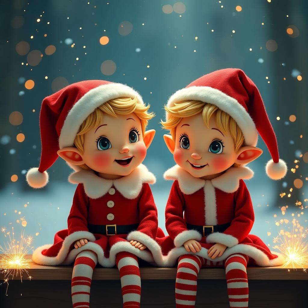 Create a charming festive illustration featuring a pixie, with a Christmas theme. There are twin children, a boy and a girl aged 3, both with adorable blonde hair. They are dressed in classic elf costumes, complete with bright red outfits and little hats. In the magical night sky above, their names - Rexton-Ray & Raigan-Tiger - are written in sparkling light from sparklers. The background features a wintery scene with snowflakes and twinkling lights, enhancing the holiday atmosphere. The overall mood is joyful and playful, perfect for the holiday season.