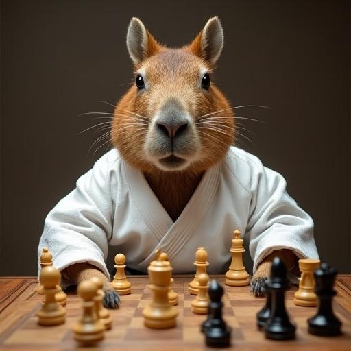 A capybara dressed in a white karate kimono sits at a chessboard contemplating its next move. The chess pieces are arranged with a contrast of white and black pieces on a wooden board.
