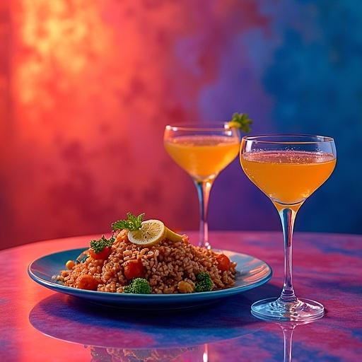 Abstract Op art background in orange, violet, and red with colorful bar lights and flying bow ties. On it, a plate of Korean-style stew and two long drink glasses with blue liquid and olives. Op art style in blue lines.
