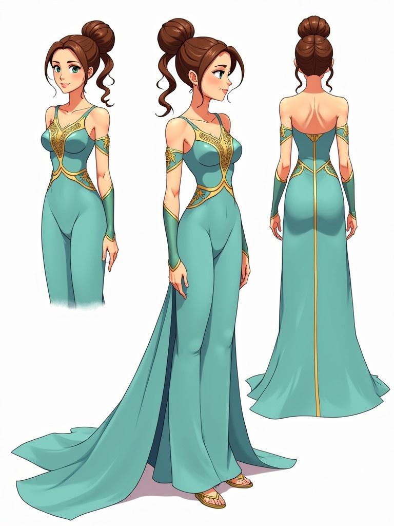 Anime character sheet shows a woman in an elaborate cyan turquoise dress with gold accents. The dress is designed with a long cloth train. Various modeling angles are illustrated for reference.