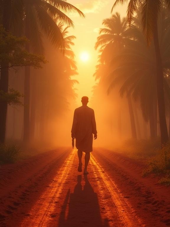 Scene of Exu at dawn in a misty landscape. Sun rising at the crossroads filled with ritual energy. Exu stands alone with a feather, embodying authority and humility. Earth marked with sacred symbols. Orixás faintly visible in the mist.