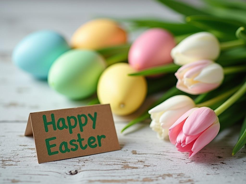 The image showcases a beautiful arrangement of pastel-colored Easter eggs placed on a rustic wooden surface. There are five colorful eggs: green, pink, yellow, blue, and soft pink, adding a festive touch. Surrounding the eggs are fresh tulips, predominantly white and some pink, creating a cheerful spring vibe. A simple brown card is visible in the foreground, marked with the words 'Happy Easter' in a vibrant green font. This composition evokes feelings of celebration and renewal, typical of the Easter holiday.