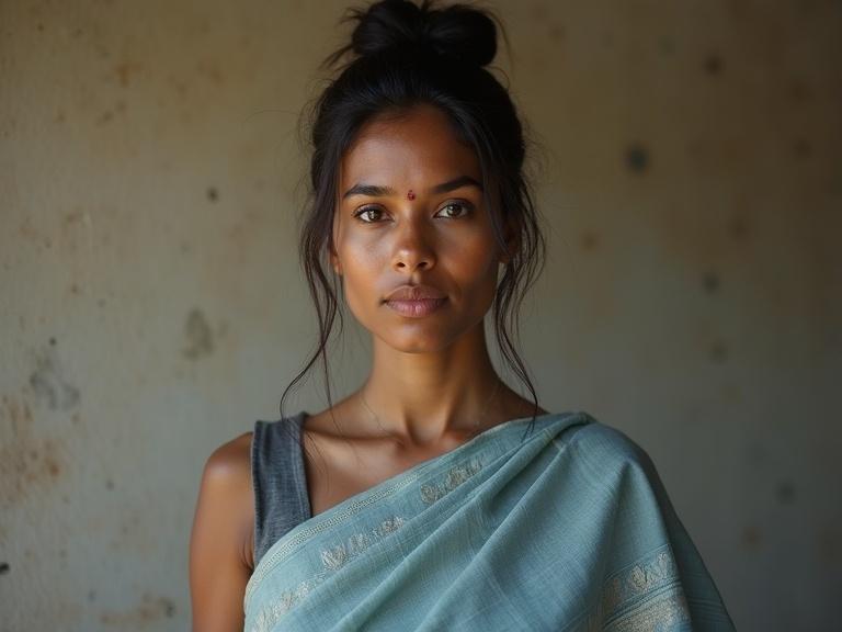South Asian woman with dark complexion and slim face. She has small eyes and is wearing a light blue saree. Hair is tied in a bun, portrait captures her expression.